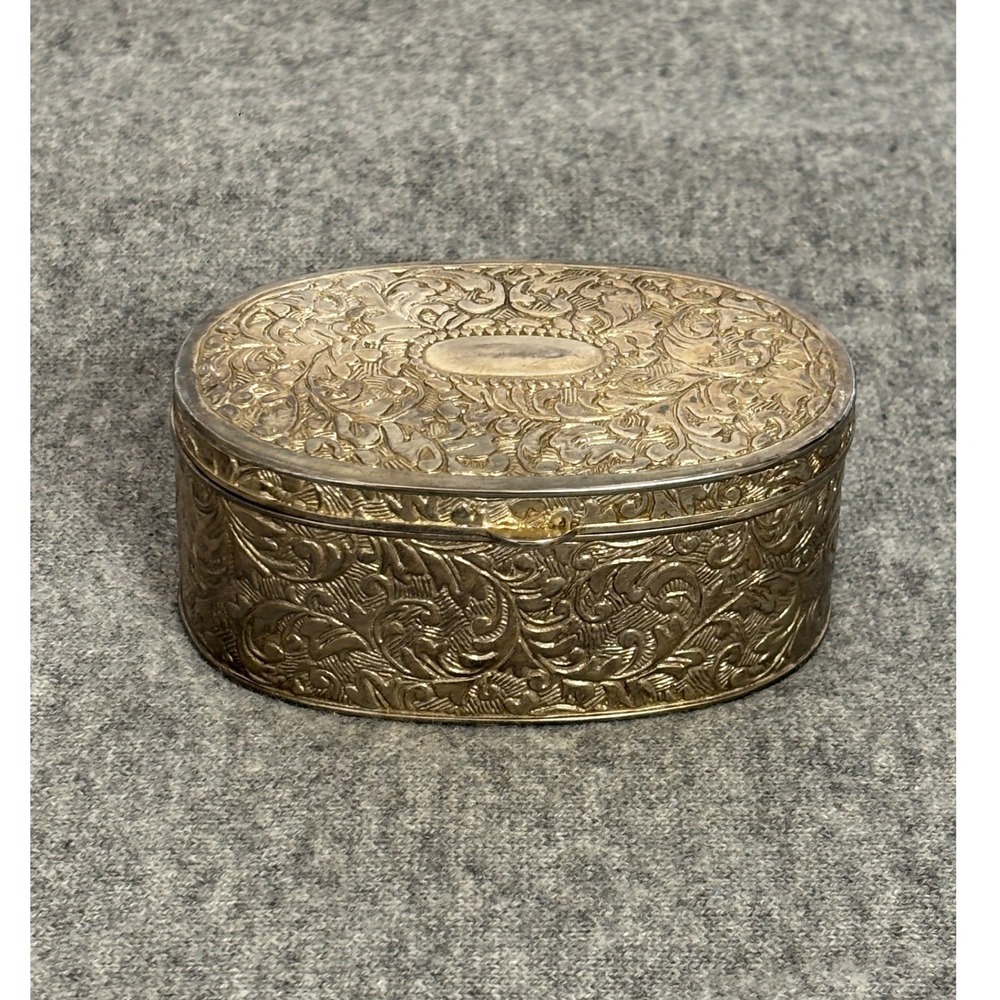 Vintage Silver Plate‎ Oval Floral Repousse Jewelry Lined Velvet Box 3½ x 2½ Used